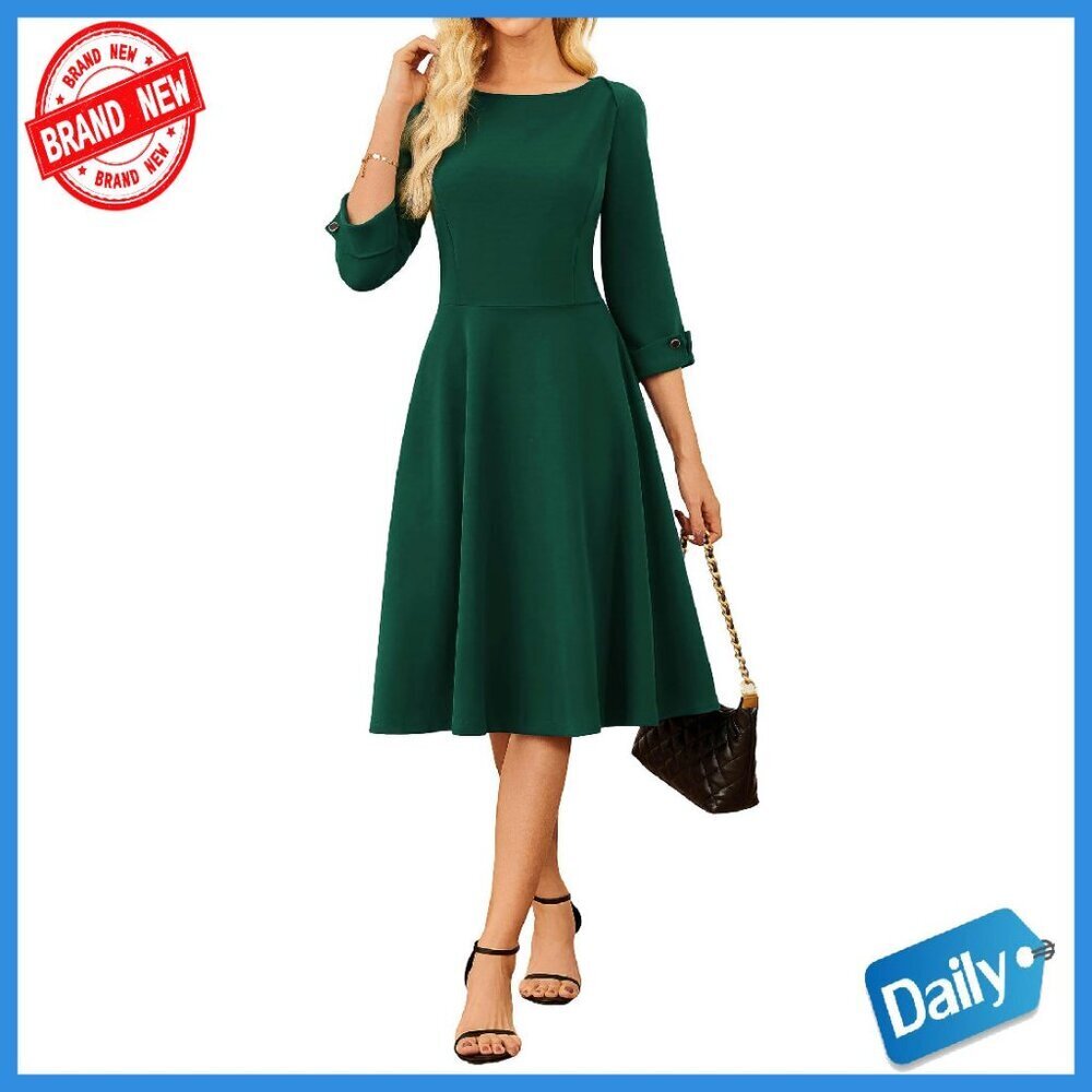 Fit Flare Midi Dress 3/4 Sleeve Pockets Polyester Office Business